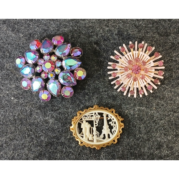 LOT OF 3 - RHINESTONE FLOWERS & PARIS SCENE BROOCHES