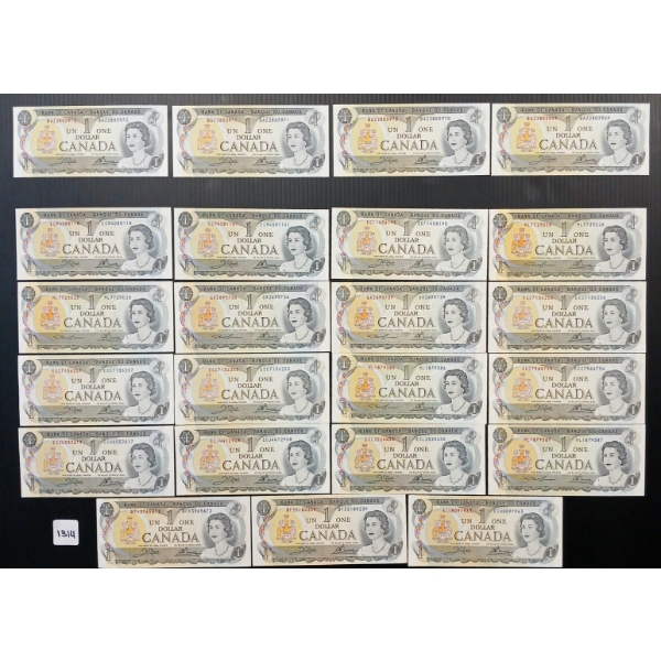 LOT OF 23 - 1973 CDN $1 BANKNOTES - INCL CONSECUTIVE