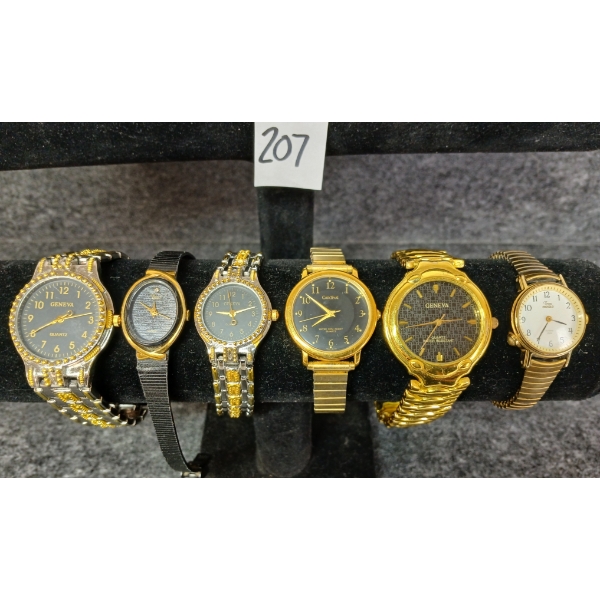 LOT OF 6 - GOLD TONED WATCHES - INCL TIMEX, CARDINAL & GENEVA