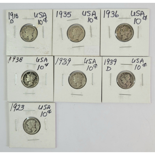 LOT OF 7 - 1918-1939 US 10 CENT SILVER COINS