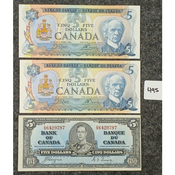 LOT OF 3 - 1937 & 1979 CDN $5 BANKNOTES - INCL UNCIRCULATED