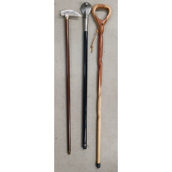 LOT OF 3 - CHROME & ANTLER POMMEL WOOD CARVED CANES - INCL COBRA SWORD CANE