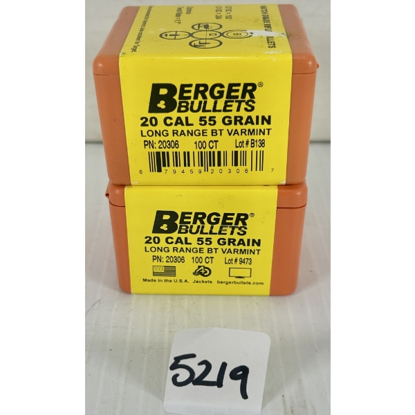 BULLETS: 200X BERGER .20 CAL 55GR. LRBT - SEALED 