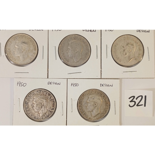 LOT OF 5 - 1950 CDN SILVER HALF DOLLARS