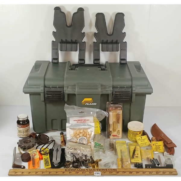 JOB LOT - PLANO BOX, CLEANING BRUSHES, POLISH, FIXED BLADE KNIFE, GUN STAND, ETC