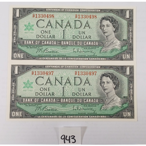 LOT OF 2 - 1967 CDN $1 BANKNOTES - SEQUENTIAL & UNCIRCULATED