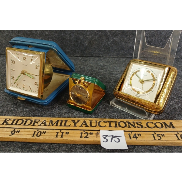 LOT OF 3 - TRAVEL CLOCKS & ALARM - INCL RENOWN 2 JEWELS, RENSIE 7 JEWELS & LOUIS ROSSEL NEUCHATTEL