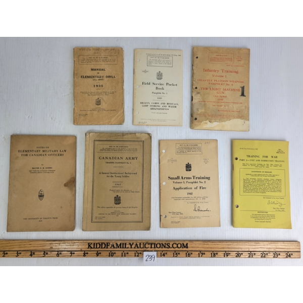 LOT OF 7 - WWII CDN MILITARY BOOKLETS - INCL TRAINING FOR WAR, MILITARY LAW, ELEMENTARY DRILL, ETC