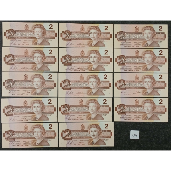 LOT OF 14 - 1986 CDN $2 BANKNOTES - INCL CONSECUTIVE & UNCIRCULATED 
