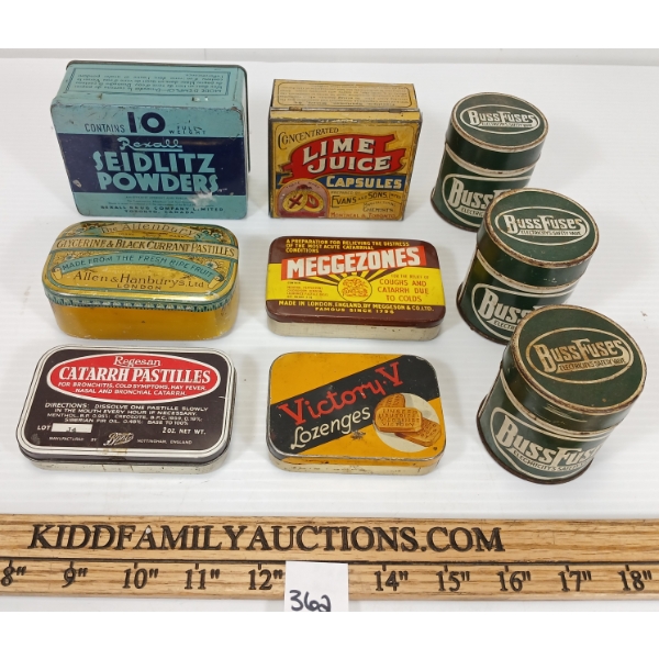 LOT OF 9 - COLLECTIBLE TINS - INCL MEGGEZONES & BUSS FUSES, ETC.