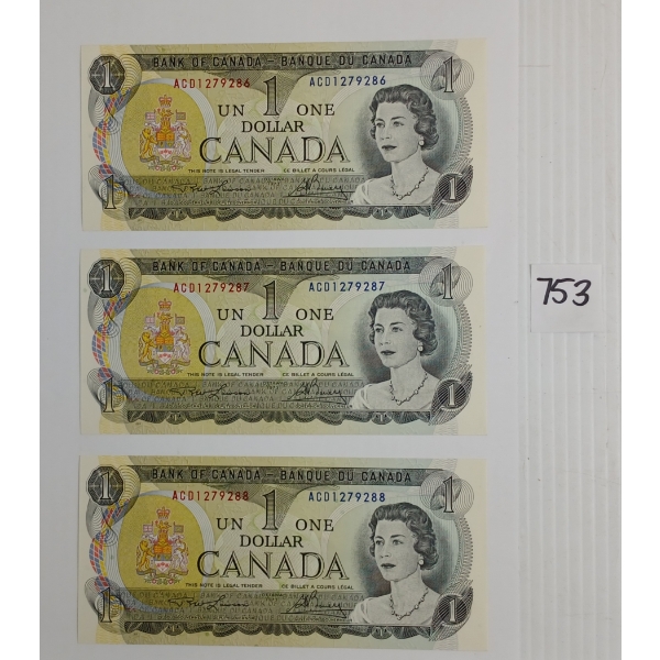 LOT OF 3 - 1973 CDN $1 BANKNOTES - SEQUENTIAL