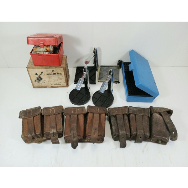 JOB LOT - SOFT GUN CASES, CANNELURE TOOL, SIZING DIES, AMMO POUCHES, ETC - SEE ALL PICS