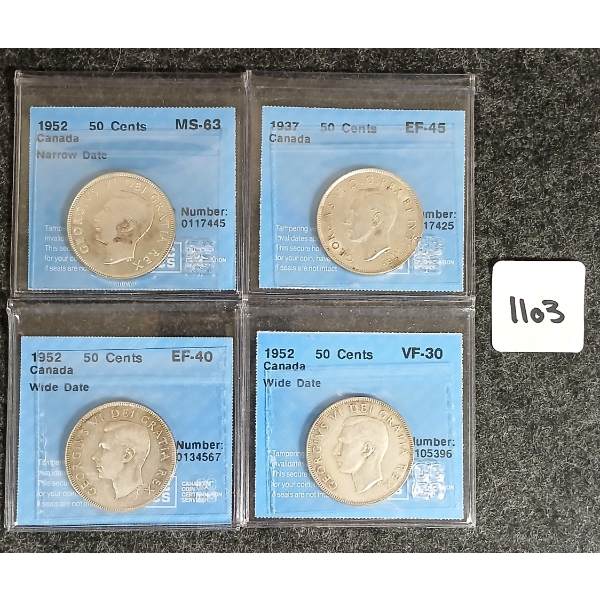LOT OF 4 - 1937 & 1952 CDN SILVER 50 CENT COINS - CCCS GRADED
