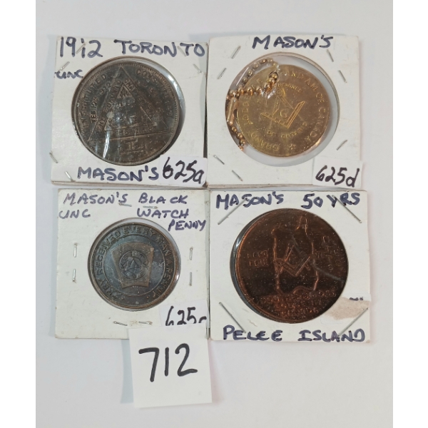 LOT OF 4 - 1912-1975 MASON TOKENS - INCL PELEE ISLAND, BLACK WATCH, TORONTO, ETC