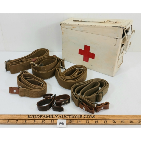 LOT OF 6 - FIRST AID CRATE & WEB PATTERN BELTS 