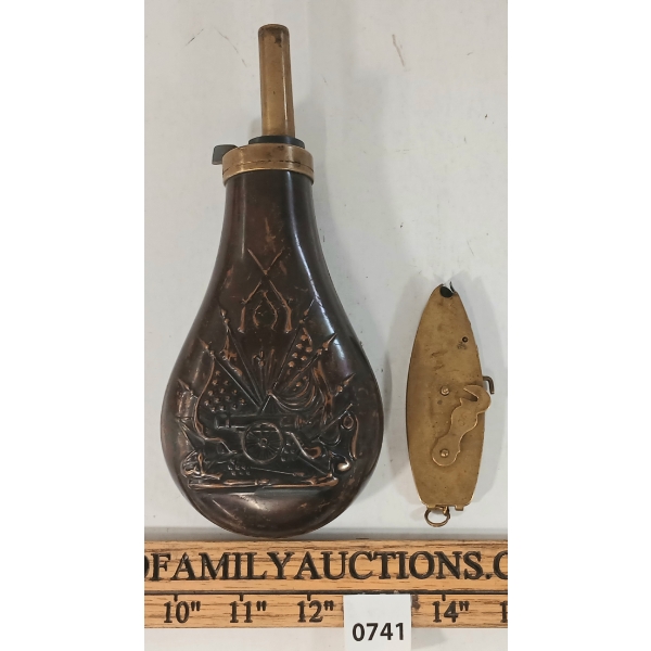 LOT OF 2 - TED CASH BRASS MUZZLELOADER CAPPER & POWDER FLASK