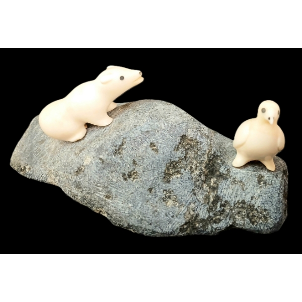 BIRD & BEAR CUB BY MAGGIE NAKOOLAK (PRS CDN ARTIST) - BONE & STONE