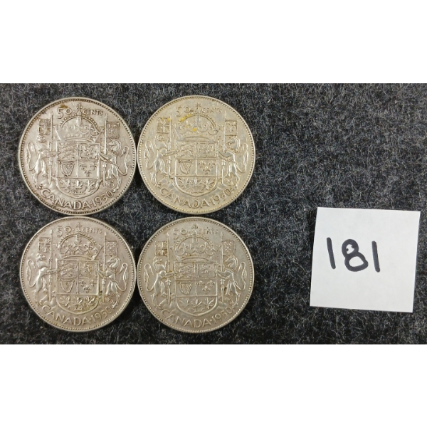 LOT OF 4 - 1950 CDN 50 CENT SILVER COINS