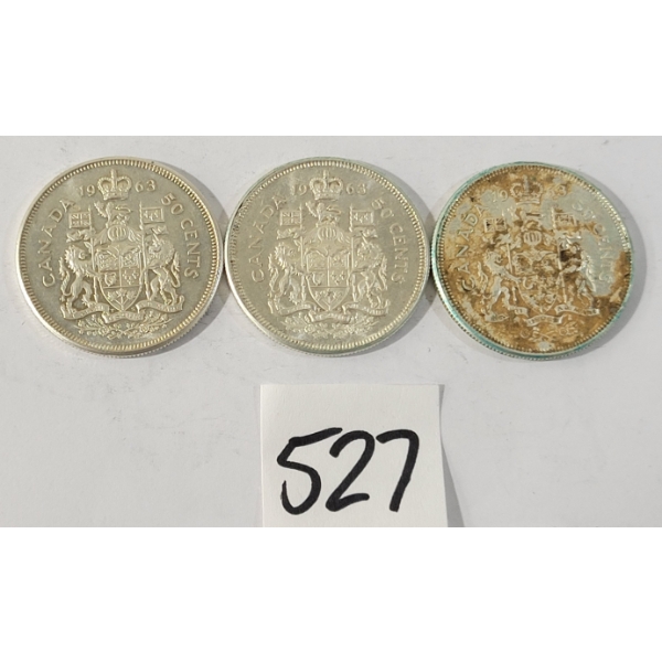 LOT OF 3 - 1963 CDN 50 CENT SILVER COINS