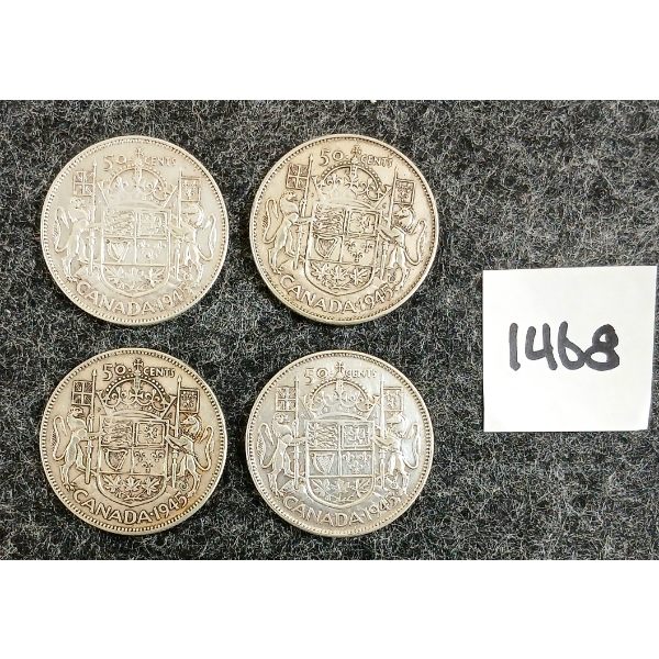 LOT OF 4 - 1945 CDN 50 CENT SILVER COINS 