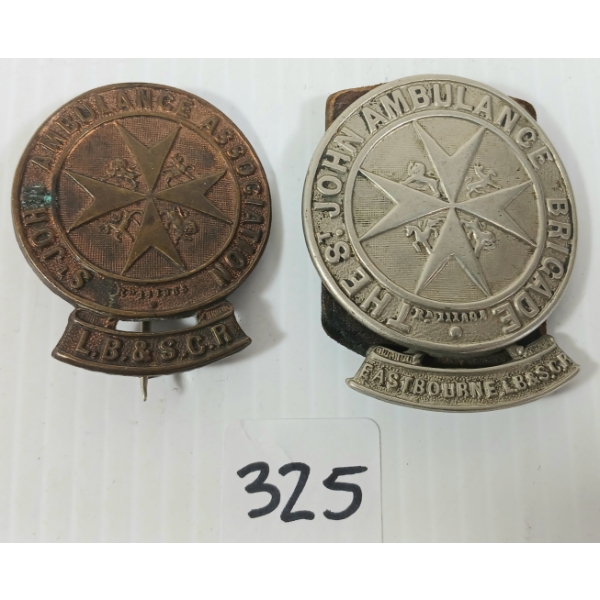 LOT OF 2 - WWI ST JOHNS AMBULANCE BRIGADE HAT BADGES