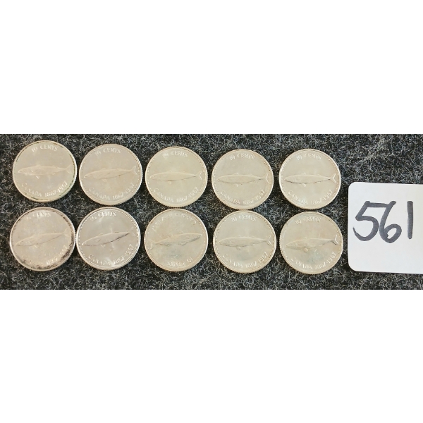 LOT OF 10 - 1967 CDN 10 CENT COINS