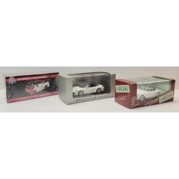 LOT OF 3 - VITESSE 1960 CORVETTE, DENNIS F12 FIRE ENGINE & 911 CARRERA S CABRIOLET DIECAST MODELS