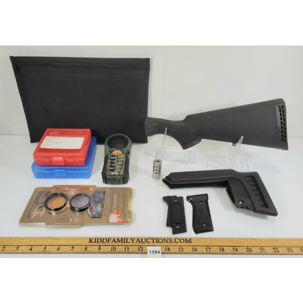 JOB LOT - CASS CREEK BATTERY OP GAME CALL REMOTE, LEUPOLD 40MM SCOPE COVER, STOCKS, ETC