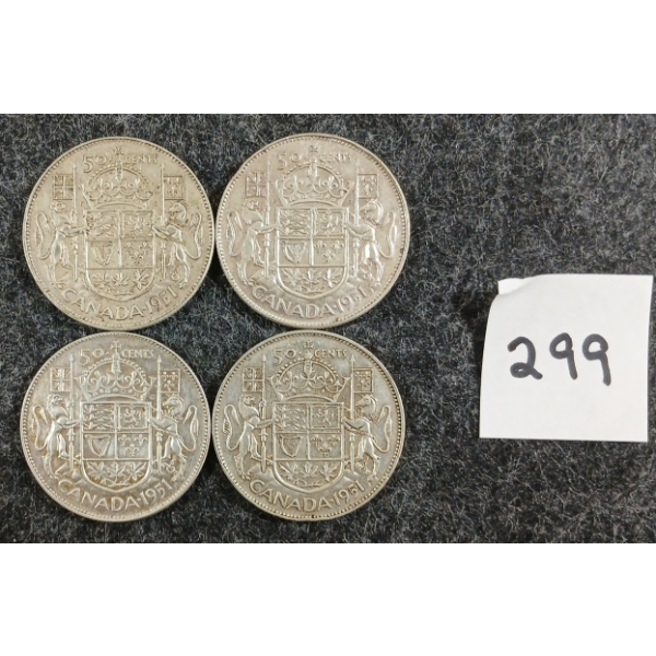 LOT OF 4 - 1951 CDN 50 CENT SILVER COINS