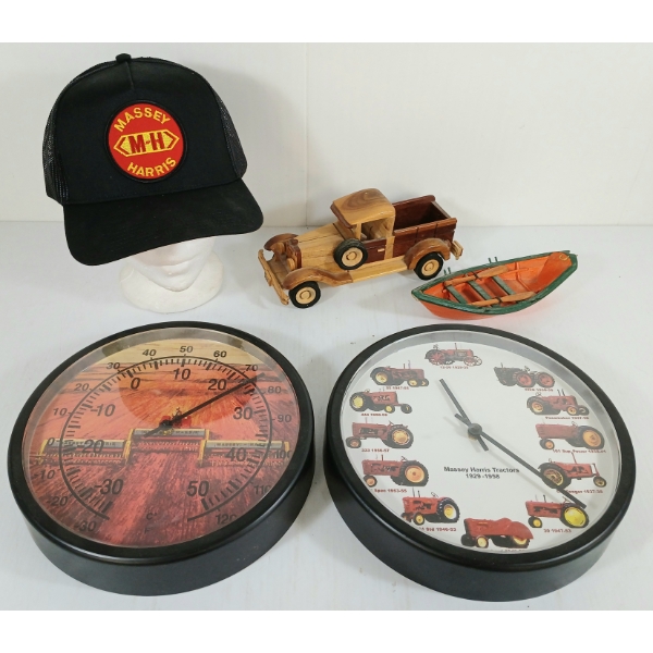 LOT OF 5 - MASSEY-HARRIS CAP, 1947 FORD PICKUP, ROWBOAT & BATTERY OP WALL MOUNT CLOCK & THERMOMETER