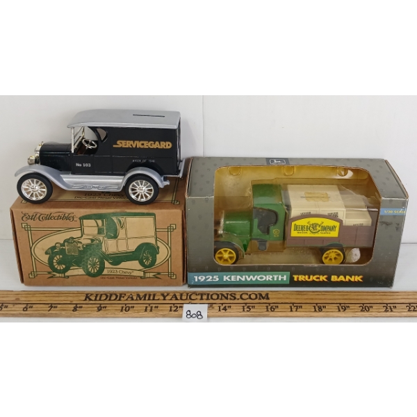 LOT OF 2 - ERTL DIECAST 1923 CHEVY & 1925 JOHN DEERE KENWORTH COIN BANKS