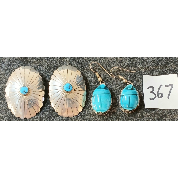 LOT OF 2 - TURQUOISE SCARAB & STERLING EARRINGS