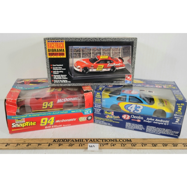 LOT OF 3 - REVELL #94 MCDONALDS, #43 CHEERIOS & RACETRACK DISPLAY CASE