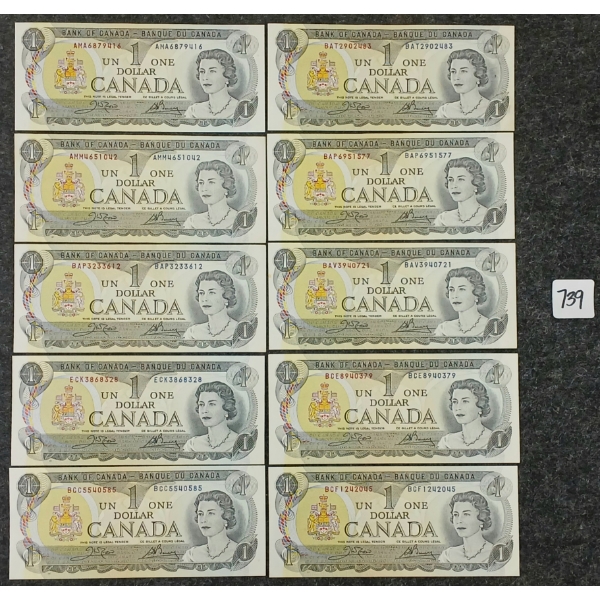 LOT OF 10 - 1973 CDN $1 BANKNOTES - UNCIRCULATED