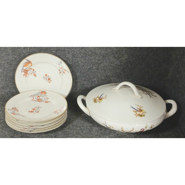 LOT OF 7 - LIMOGES FRANCE FLORAL SAUCERS & EXOTIC BIRD SAUCE BOAT