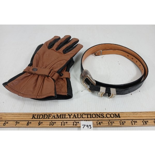 LOT OF 2 - JAMES CULVER LEATHER BELT & PAIR OF CLASSIC LEATHER GLOVES