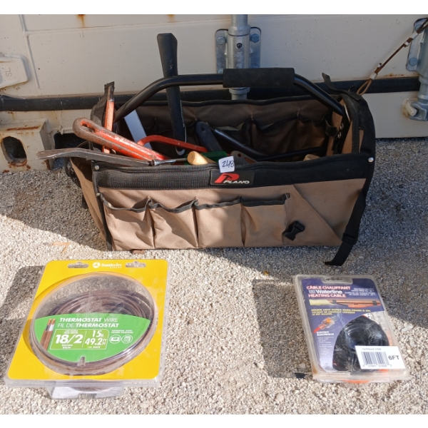 JOB LOT - PLANO TOOL BAG W/ CONTENTS - INCL PRY BARS, HAMMERS, BLADES, ETC