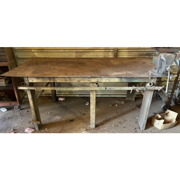 STEEL SHOP BENCH W/ VISE - 53 INCH X 7 FOOT
