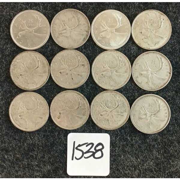 LOT OF 12 - 1953-1968 CDN 25 CENT COINS 