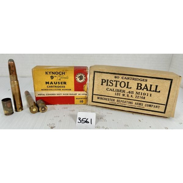 AMMO / BRASS: 10X LIVE KYNOCH 9 MM MAUSER - 245 GR SP & 50X WRA .45 ACP BRASS
