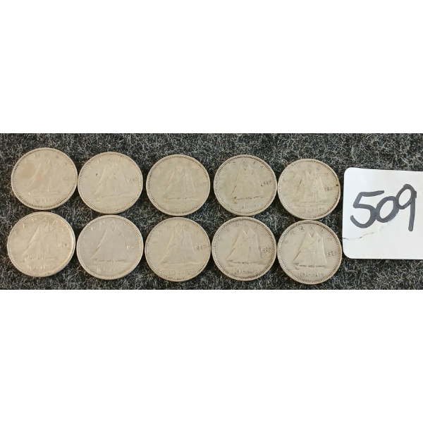 LOT OF 10 - 1947 CDN 10 CENT COINS