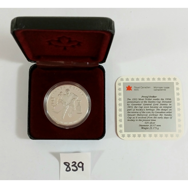 1993 RCM SILVER DOLLAR - 100TH ANNIVERSARY OF THE STANLEY CUP