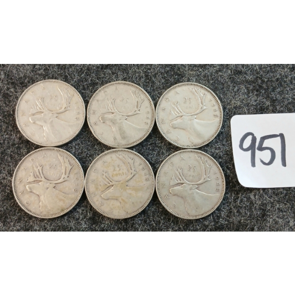 LOT OF 6 - 1948 CDN 25 CENT COINS