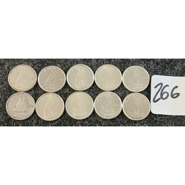 LOT OF 10 - 1945-1962 CDN 10 CENT COINS