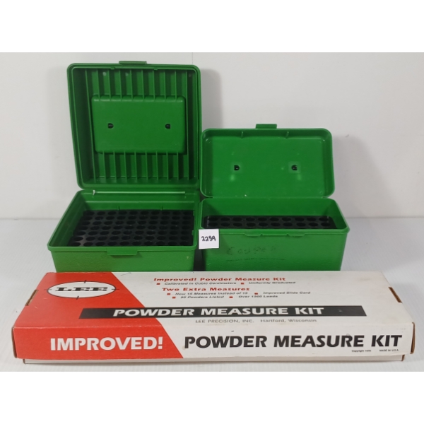 LOT OF 3 - AMMO BOXES & LEE POWDER MEASURE KIT