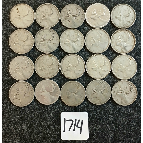 LOT OF 20 - 1942-1967 CDN 25 CENT COINS