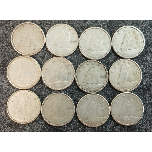 LOT OF 12 - 1943-1966 CDN 10 CENT COINS