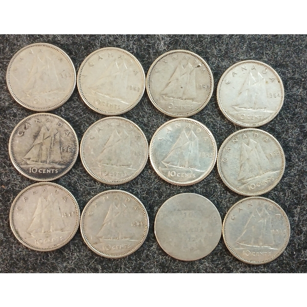 LOT OF 12 - 1912-1965 CDN 10 CENT COINS