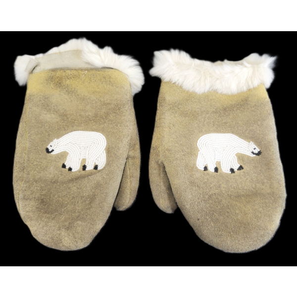 PAIR OF TANNED HIDE & BEADED MITTENS W/ FUR TRIM