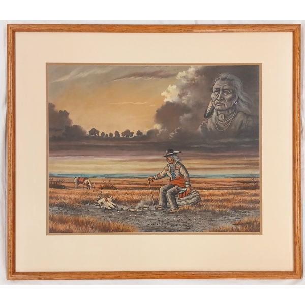 NATIVE LANDSCAPE BY BOB MILLARD (1947 - 2014) - FRAMED OIL PASTEL ON PAPER